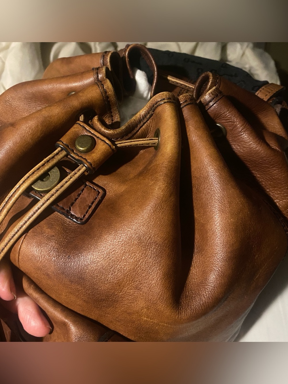 FOSSIL Vintage Reissue women's brown leather distressed backpack bag drawstring - Picture 6 of 16
